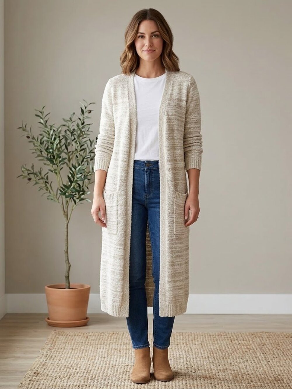 Forever 21 Wool Blend Long Sleeve Open Front Pockets Cardigan Duster Sweater